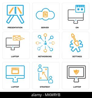 Satz von 9 einfache editierbare Ikonen wie Laptop, Strategie, Einstellungen, Networking, Server, Präsentation, können für mobile, Web verwendet werden. Stock Vektor