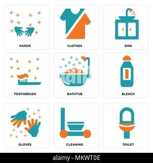 Satz von 9 einfache editierbare Ikonen wie Wc, Reinigung, Handschuhe, Bleichmittel, Badewanne, Zahnbürste, Spülbecken, Kleidung, an den Händen, kann für mobile, Web verwendet werden. Stock Vektor