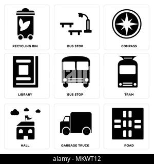 Satz von 9 einfache editierbare Symbole wie Straße, Müllwagen, Halle, Straßenbahn, Bus Stop, Bibliothek, Kompass, Papierkorb, kann für mobile, Web verwendet werden. Stock Vektor