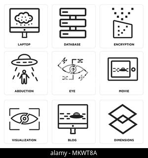 Satz von 9 einfache editierbare Ikonen wie Abmessungen, Blog, Visualisierung, Film, Auge, Entführung, Verschlüsselung, Datenbank, Laptop, kann für mobile, w verwendet werden Stock Vektor