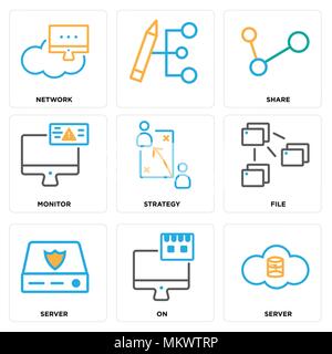 Satz von 9 einfache editierbare Ikonen wie Server, Datei, Strategie, Monitor, Anteil, Netzwerk, können für mobile, Web verwendet werden. Stock Vektor