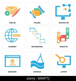 Satz von 9 einfache editierbare Ikonen wie Laptop, Kompass, Browser, Diskette, Vernetzung, Internet, Grafik de, Ordner, Web kann für mobile, Web verwendet werden. Stock Vektor
