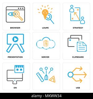 Satz von 9 einfache editierbare Ikonen wie USB, Auf, Zwischenablage, Server, Präsentation, Strategie, Lupe, Browser, können für mobile, Web verwendet werden. Stock Vektor