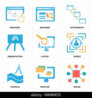Satz von 9 einfache editierbare Ikonen wie Größe, Monitor, Kompass, Target, Laptop, Präsentation, Vernetzung, Browser, können für mobile, Web verwendet werden. Stock Vektor