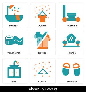 Satz von 9 einfache editierbare Ikonen wie Flip Flops, Kleiderbügel, Waschbecken, Spiegel, Kleidung, WC-Papier, Reinigung, Wäscherei, Badezimmer, kann für mobile, w verwendet werden Stock Vektor