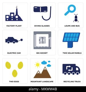 Satz von 9 einfache editierbare Symbole wie Recycling Truck, Mountaint Landschaft, zwei Eier, Sonnenkollektoren, große Buchse, Elektroauto, Lupe und Bug, Tauchen G Stock Vektor