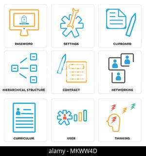 Satz von 9 einfache editierbare Symbole wie Denken, Benutzer, Lehrplan, Networking, Vertrag, hierarchische Struktur, Zwischenablage, Einstellungen, Passwort, kann sein Stock Vektor