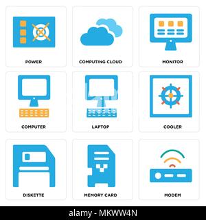 Satz von 9 einfache editierbare Ikonen wie Modem, Speicherkarte, Diskette, Kühler, Laptop, Notebook, Computer, Monitor, Cloud Computing, Macht, kann für mobile verwendet werden. Stock Vektor