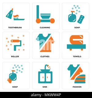 Satz von 9 einfache editierbare Ikonen wie Mode, Waschbecken, Seife, Handtücher, Kleidung, Walze, Reinigung, Zahnbürste, können für mobile, Web verwendet werden. Stock Vektor