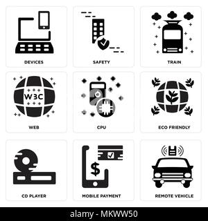 Satz von 9 einfache editierbare Symbole wie Remote Fahrzeug, Mobile Payment, Cd-player, Umweltfreundlich, CPU, Web, Bahn, Sicherheit, Geräte, können für Mobi verwendet werden. Stock Vektor