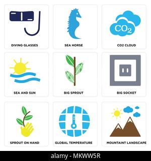 Satz von 9 einfache editierbare Ikonen wie Mountaint Landschaft, globale Temperatur, Sprießen an Hand, große Buchse, Keimen, Meer und Sonne, CO2-Wolke, Pferd, Div. Stock Vektor