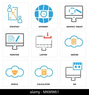 Satz von 9 einfache editierbare Ikonen wie Auf, Rechner, Schild, Server, Laptop, Monitor, Grafik Tablett, Internet, Strategie, kann für mobile verwendet werden, wir Stock Vektor