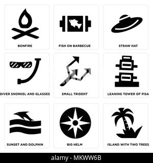Satz von 9 einfache editierbare Ikonen wie Insel mit zwei Bäumen, großen Helm, Sonnenuntergang und Delphine, schiefen Turm von Pisa, kleine Trident, Taucher Schnorchel Glasse Stock Vektor