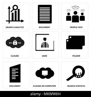 Satz von 9 einfache editierbare Ikonen wie Suche Statistik, Cloude auf Computer, Dokument, Ordner, Benutzer, Cloude, Wlan, analytische, können für Mo verwendet werden. Stock Vektor