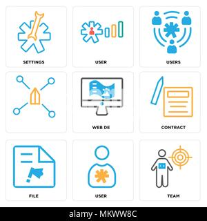Satz von 9 einfache editierbare Ikonen wie Team-, Benutzer-, Datei-, Vertrags-, Web de, Benutzer, Einstellungen, können für mobile, Web verwendet werden. Stock Vektor