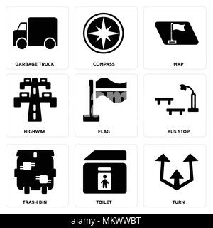 Satz von 9 einfache editierbare Ikonen wie Drehen, Wc, Papierkorb, Bushaltestelle, Flagge, Autobahn, Karte, Kompass, Müllwagen, können für mobile, Web verwendet werden. Stock Vektor