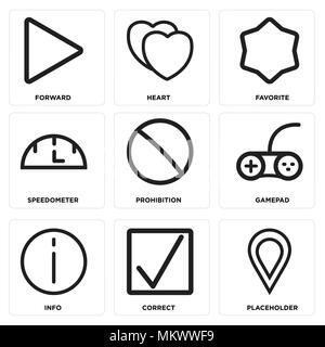 Satz von 9 einfache editierbare Ikonen wie Platzhalter, Korrigieren, Info, Gamepad, Verbot, Tachometer, Liebling, Herz, Weiterleiten, können für mobile verwendet werden. Stock Vektor