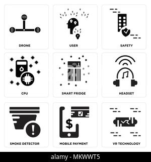 Satz von 9 einfache editierbare Ikonen wie die VR-Technologie, Mobile Payment, Rauchmelder, Headset, Intelligenten Kühlschrank, CPU, Sicherheit, Benutzer, Drone, kann verwendet werden für Stock Vektor