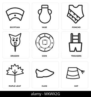 Satz von 9 einfache editierbare Ikonen wie Hut, verstopfen, Maple Leaf, Hosen, Münze, Dragon, Poncho, Vase, ägyptischen, können für mobile, Web verwendet werden. Stock Vektor