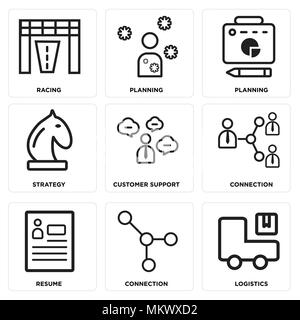 Satz von 9 einfache editierbare Ikonen wie Logistik, Verbindung, Lebenslauf, Kundensupport, Strategie, Planung, Racing, können für mobile, Web verwendet werden. Stock Vektor