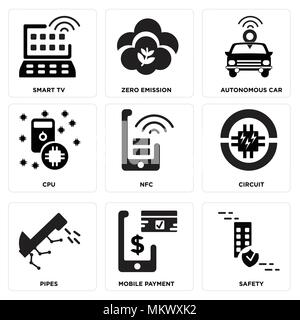Satz von 9 einfache editierbare Ikonen wie Sicherheit, Mobile Payment, Rohre, Schaltung, NFC, CPU, autonomen Auto, Zero Emission, Smart tv, können für Mobi verwendet werden. Stock Vektor