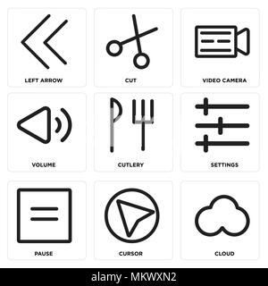 Satz von 9 einfache editierbare Symbole wie Cloud, Cursor, Pause, Einstellungen, Besteck, Band, Video Kamera, Schnitt, Pfeil nach links, kann verwendet werden, für das mobile Web Stock Vektor