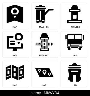Set Of 9 simple editable icons such as Bin, Map, Bus, Hydrant, Mailbox, Trash bin, can be used for mobile, web Stock Vektor