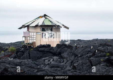 Eine temporäre Haus steht in den Lavafeldern in der ehemaligen Stadt Kalapana in der Puna District auf der grossen Insel von Hawaii. Stockfoto