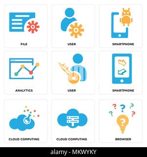 Satz von 9 einfache editierbare Ikonen wie Browser, Cloud Computing, Smartphone, Benutzer, Analytik, Datei, kann für mobile, Web verwendet werden. Stock Vektor