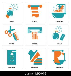 Satz von 9 einfache editierbare Ikonen wie Badewanne, Mode, Dusche, Seife, Tücher, Kamm, Wäscheservice, Handtuch, kann für mobile, Web verwendet werden. Stock Vektor