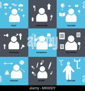 Satz von 9 einfache editierbare Symbole wie Arzt, Krankenschwester, Sportler, Politiker, Fischer, Showman, Lehrer, Feuerwehrmann, Pilot, für mobile verwendet werden, wir Stock Vektor