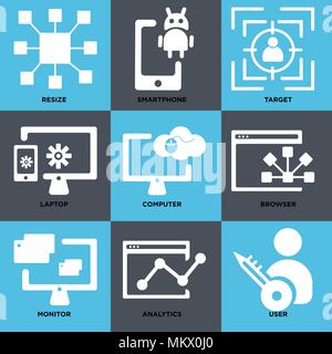 Satz von 9 einfache editierbare Ikonen wie Benutzer, Analytik, Monitor, Browser, Computer, Laptop, Target, Smartphone, in der Größe ändern, können für mobile, Web verwendet werden. Stock Vektor