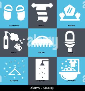 Satz von 9 einfache editierbare Ikonen wie Wäscheservice, Dusche, Kleiderbügel, Wc, Pinsel, Spray, Spiegel, Handtuch, Flip Flops, können für mobile, Web verwendet werden. Stock Vektor