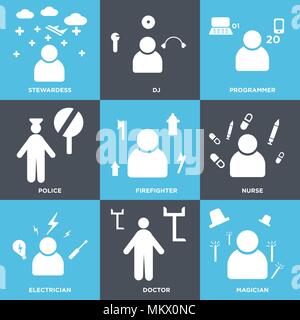 Satz von 9 einfache editierbare Ikonen wie Magier, Arzt, Elektriker, Krankenschwester, Feuerwehr, Polizei, Programmierer, DJ, Stewardess, können für mobile verwendet werden, Stock Vektor