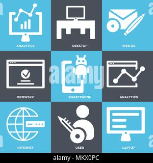 Satz von 9 einfache editierbare Ikonen wie Laptop, Benutzer, Internet, Analytik, Smartphone, Browser, Web de, Desktop, für mobile verwendet werden können, Web Stock Vektor