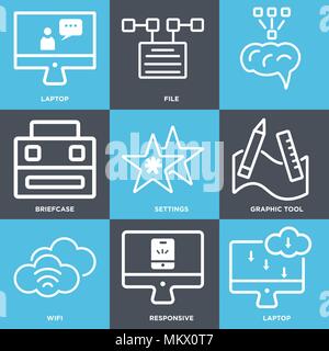 Satz von 9 einfache editierbare Ikonen wie Laptop, reaktionsschnellen, Wlan, grafisches Werkzeug, Einstellungen, Aktenkoffer, Datei, kann für mobile, Web verwendet werden. Stock Vektor