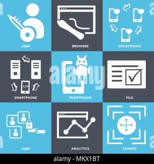 Satz von 9 einfache editierbare Ikonen wie Erweitern, Analytik, Benutzer, Datei, Smartphone, Browser, für mobile, Web verwendet werden. Stock Vektor