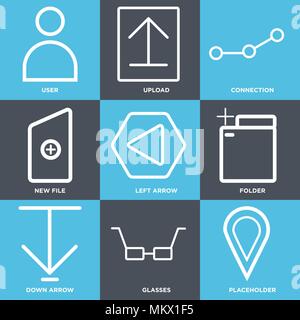 Satz von 9 einfache editierbare Ikonen wie Platzhalter, Gläser, Pfeil nach unten, Ordner, Links Neue Datei-, Verbindungs-, Upload, User können für mobile verwendet werden, Web Stock Vektor