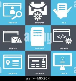 Satz von 9 einfache editierbare Ikonen wie Laptop, Browser, Vertrag, Datei, Aktentasche, können für mobile, Web verwendet werden. Stock Vektor