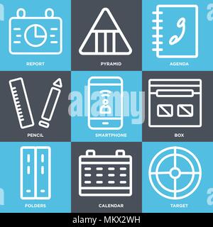 Satz von 9 einfache editierbare Symbole wie Ziel, Kalender, Ordner, Box, Smartphone, Bleistift, Agenda, Pyramide, Bericht, können für mobile, Web verwendet werden. Stock Vektor