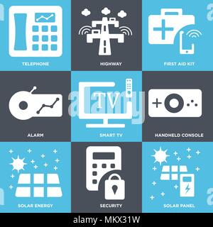 Satz von 9 einfache editierbare Ikonen wie Solar Panel, Sicherheit, Energie, Handheld Konsole, Smart TV, Alarm, Erste Hilfe Kit, Autobahn, Telefon, kann eingesetzt werden Stock Vektor