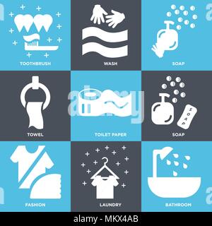 Satz von 9 einfache editierbare Ikonen wie Bad, Wäsche, Mode, Seife, Toilettenpapier, Handtücher, Wäsche, Zahnbürste, können für mobile, Web verwendet werden. Stock Vektor