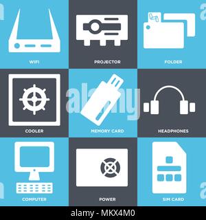 Satz von 9 einfache editierbare Ikonen wie SIM-Karte, Stromversorgung, Computer, Kopfhörer, Speicher kühler, Ordner, Beamer, WLAN, kann für mobile, Web verwendet werden. Stock Vektor