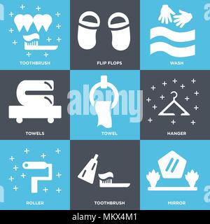Satz von 9 einfache editierbare Ikonen wie Spiegel, Zahnbürste, Walze, Kleiderbügel, Handtuch, Handtücher, Wäsche, Flip Flops, können für mobile, Web verwendet werden. Stock Vektor
