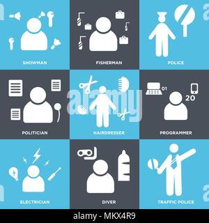 Satz von 9 einfache editierbare Ikonen wie Polizei, Taucher, Elektriker, Programmierer, Friseur, Politiker, Polizei, Fischer, Showman, können verwendet werden. Stock Vektor