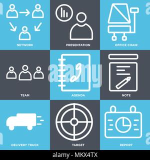 Satz von 9 einfache editierbare Ikonen wie Bericht, Ziel, Lieferwagen, Hinweis, Agenda, Team, Bürostuhl, Präsentation, Netzwerk, können für mobile verwendet werden. Stock Vektor