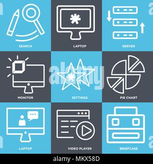 Satz von 9 einfache editierbare Ikonen wie Aktenkoffer, Video Player, Laptop, Kreisdiagramm, Einstellungen, Monitor, Server, Suche, können für mobile, Web verwendet werden. Stock Vektor