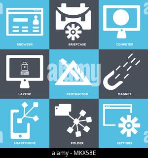 Satz von 9 einfache editierbare Symbole wie Einstellungen, Ordner, Smartphone, Magnet, Winkelmesser, Laptop, Computer, Aktentasche, Browser, für mobile verwendet werden, Stock Vektor
