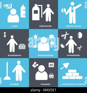 Satz von 9 einfache editierbare Ikonen wie Bauarbeiter, Manager, Klempner, Friseur, Fotograf, Geschäftsmann, Verkehrspolizei, Feuerwehrmann, Div. Stock Vektor