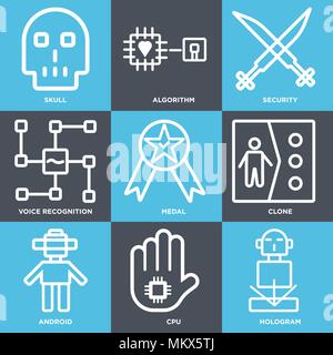 Satz von 9 einfache editierbare Ikonen wie Hologramm, CPU, Android, Klonen, Medaille, Spracherkennung, Sicherheit, Algorithmus, Schädel, können für mobile verwendet werden, wir Stock Vektor